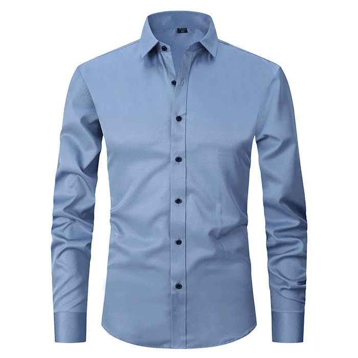 Office professional's men's long sleeve stretch dress shirt. Tailored fit, flexible for business comfort & formal attire.