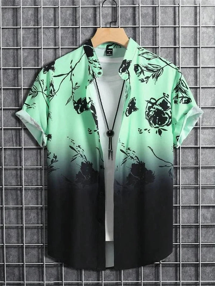 Stylish men's floral print short-sleeve top, relaxed fit, camp collar, perfect for summer casual fashion.