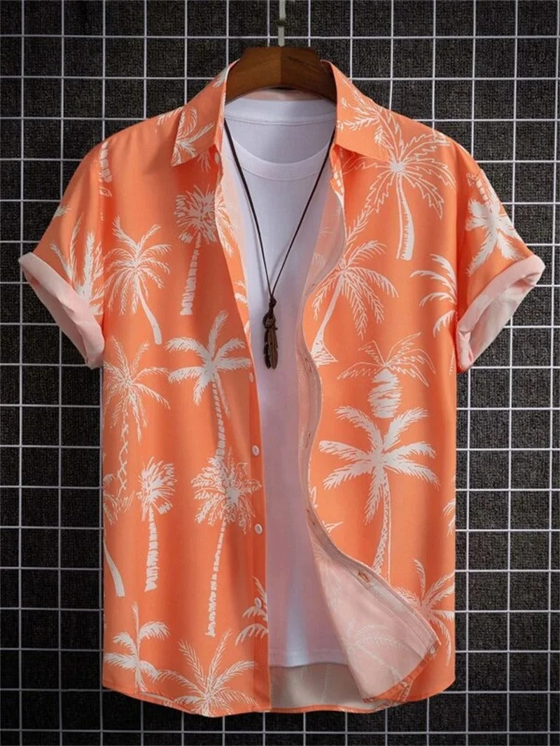 Men's fashion short-sleeve floral print top, camp collar, relaxed fit, ideal for summer.