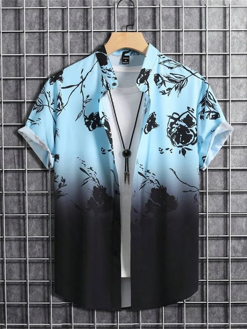 Men's short-sleeve floral print button-down shirt, casual summer top, camp collar, stylish fashion.