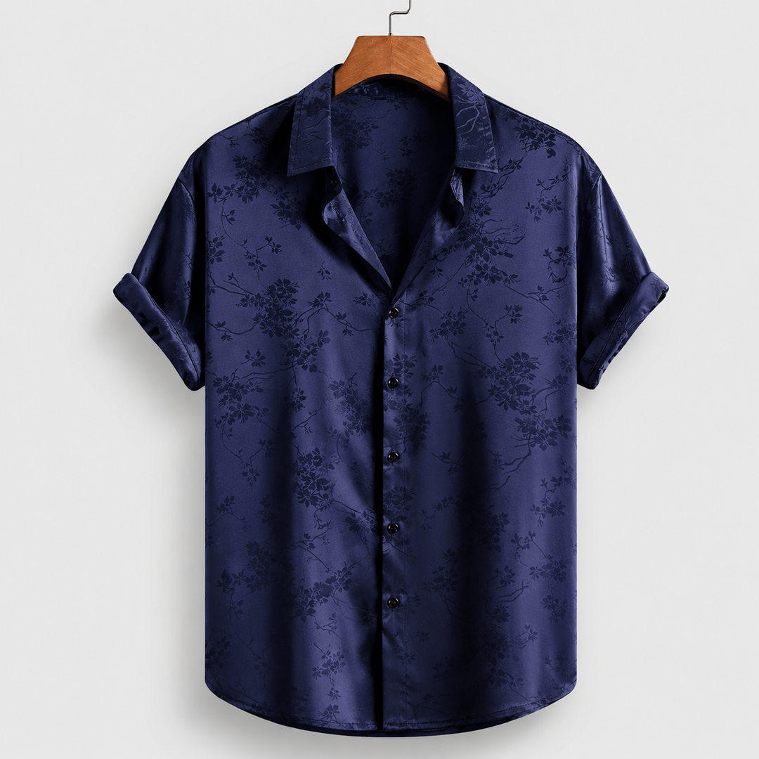 Men's floral satin print polo shirt. Elegant summer fashion, short sleeve casual wear.