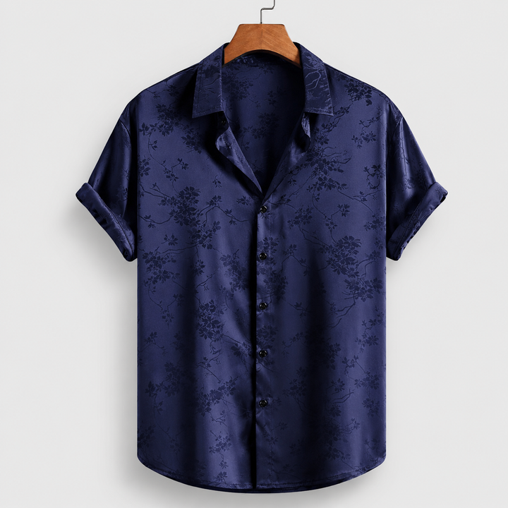 Men's floral satin print polo shirt. Elegant summer fashion, short sleeve casual wear.