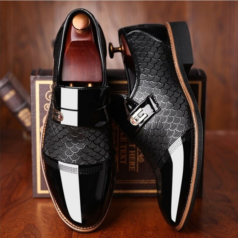 Men's formal buckled patent leather dress shoes, perfect for weddings & special occasions.