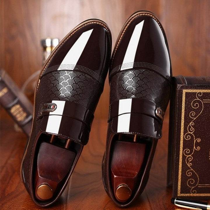 Elegant men's buckled patent Oxfords for formal wear, business meetings, or black-tie events.