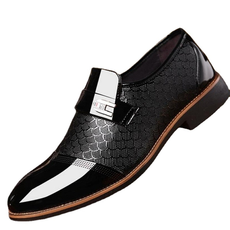 Sleek, high shine men's patent dress shoes with a secure buckle closure, versatile for any formal event.