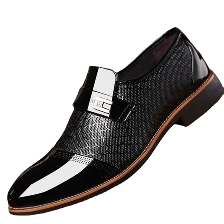 Sleek, high shine men's patent dress shoes with a secure buckle closure, versatile for any formal event.