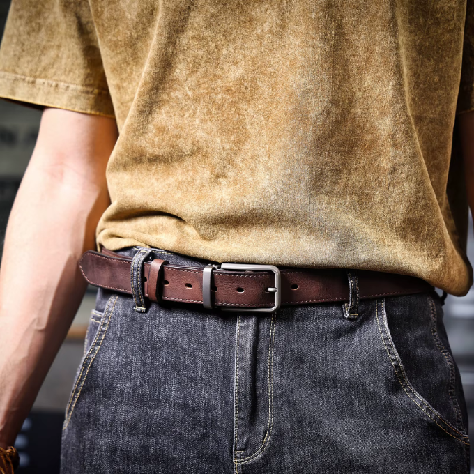 Men's durable full-grain brown leather belt, designed for long-lasting casual wear
