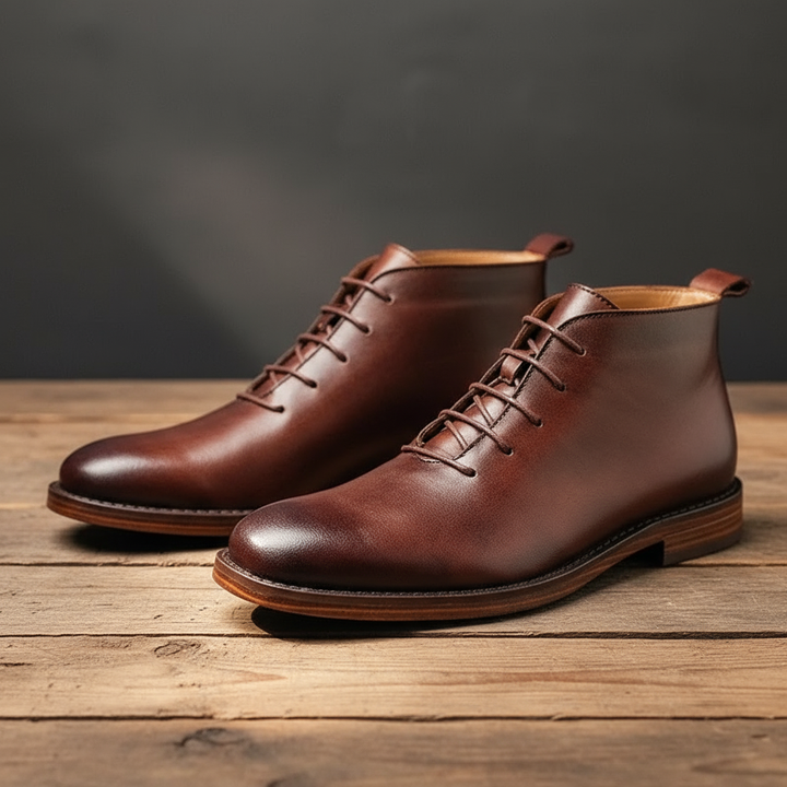Side profile of men's durable full-grain leather ankle boots, showcasing the Goodyear welt stitching.