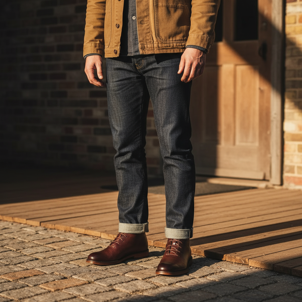 Detail of the sturdy lacing system on men's full-grain leather ankle boots, secure and stylish.