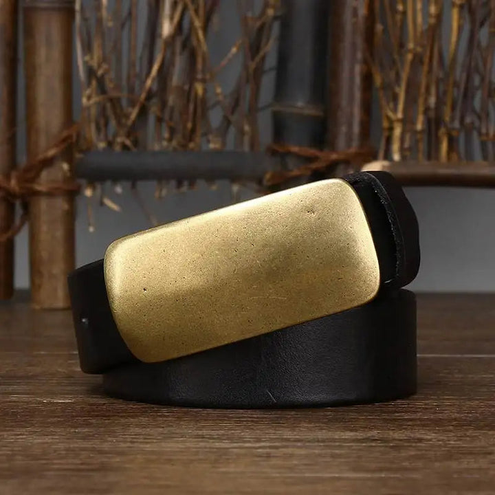 Invest in quality: durable full grain leather men's belt with a sturdy forged brass buckle. Handcrafted.