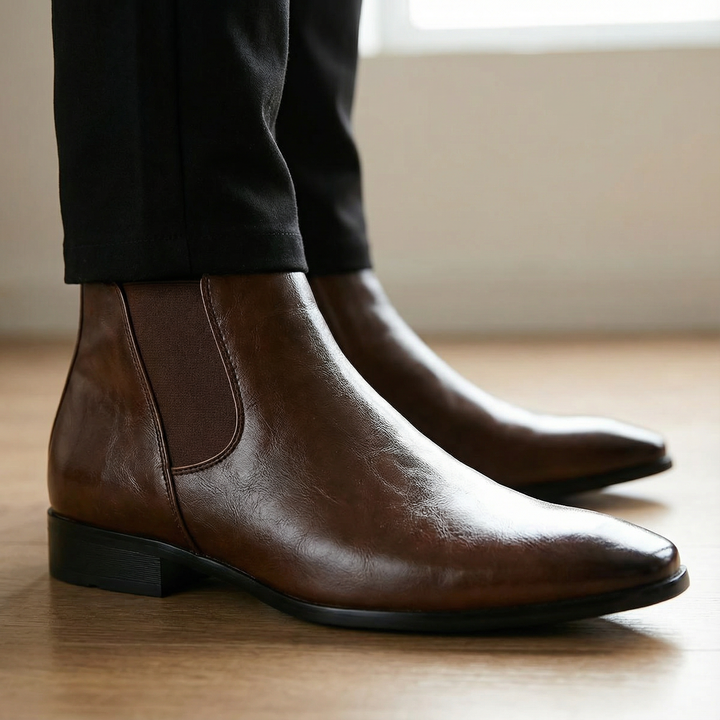 Pair of men's full-grain leather slip-on Chelsea boots, front view, premium quality, mens fashion