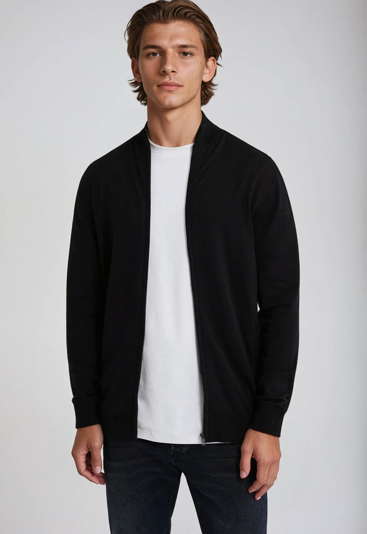 Focus on the textured knit of a men's full zip high neck sweater, showcasing quality knitwear.