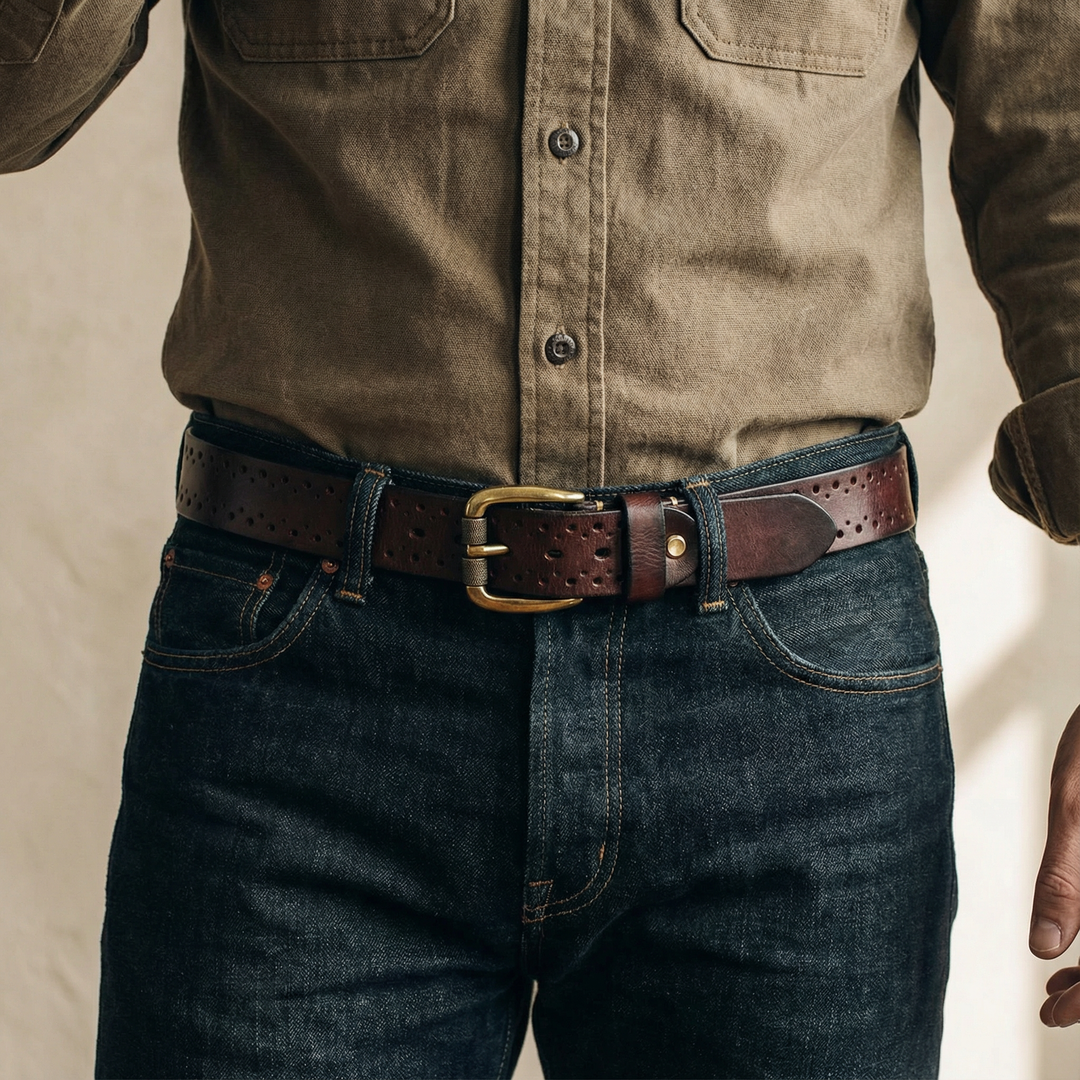 Stylish men's black genuine leather belt with a polished solid brass buckle, perfect for casual wear