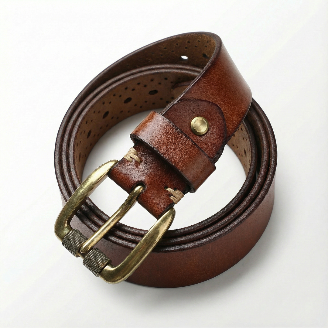 Front view of a men's genuine leather belt, highlighting the prominent solid brass buckle design