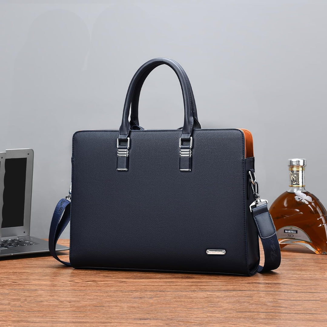 Men's genuine leather business briefcase for laptops & documents, professional work bag.