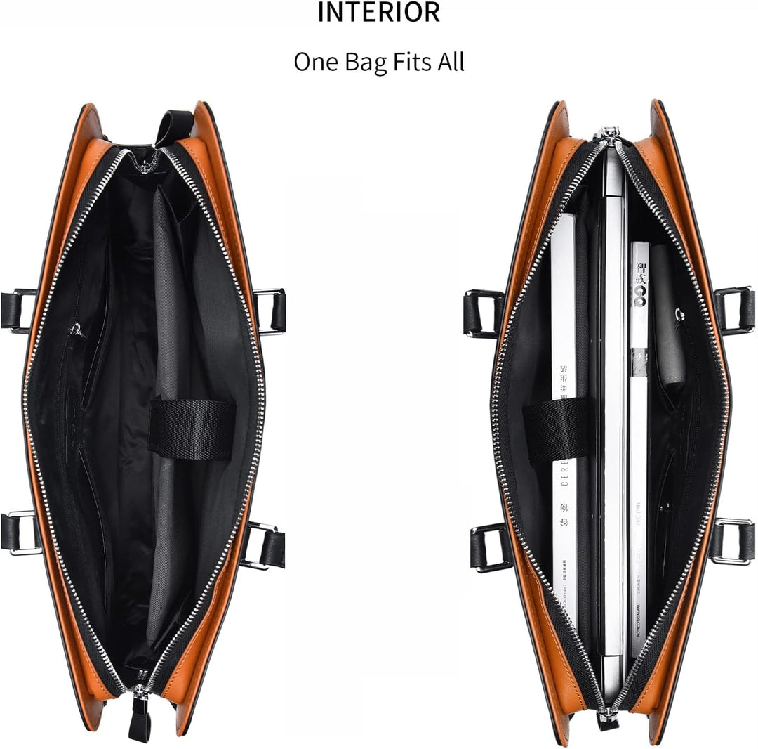 Adjustable shoulder strap on men's genuine leather laptop bag for comfortable business travel.