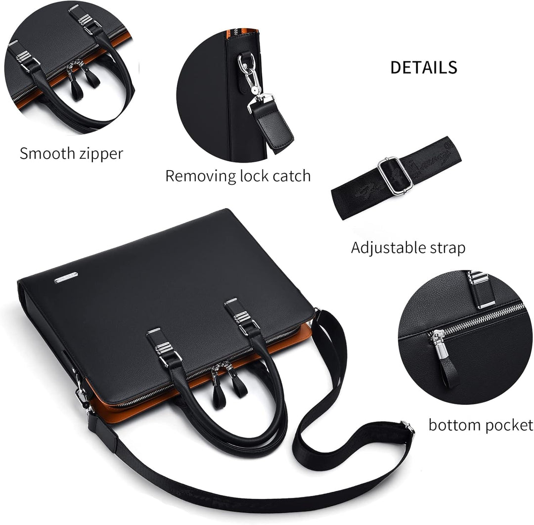 Angled shot of men's genuine leather laptop briefcase, sleek and professional for business work.