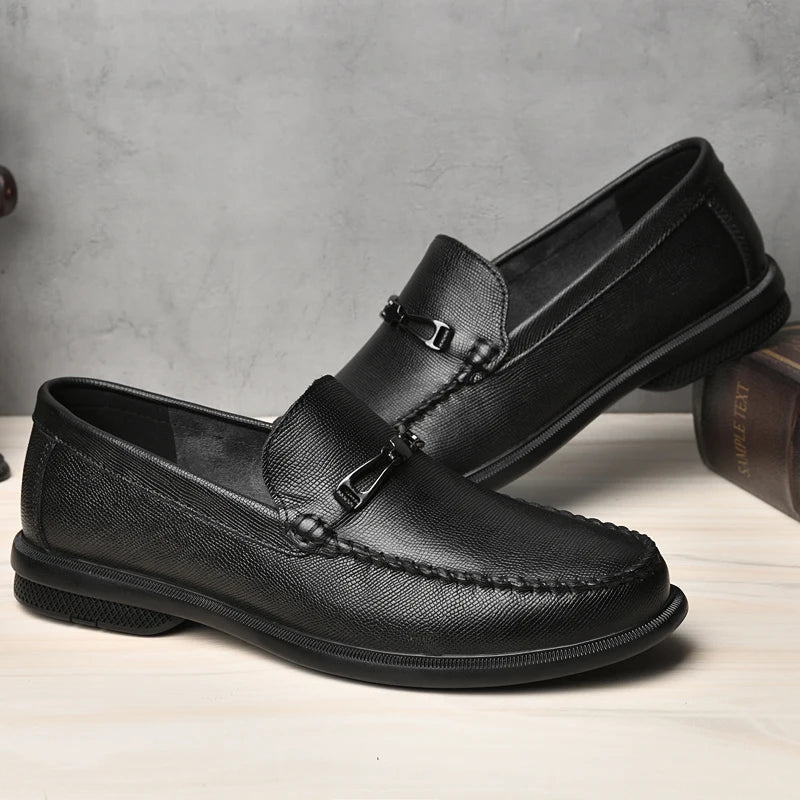 Men's genuine leather loafers, black, with a sophisticated metal bit for formal wear.