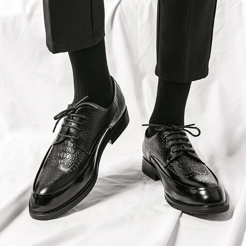 Men wearing genuine leather Oxford dress shoes, demonstrating style and comfort for business settings.