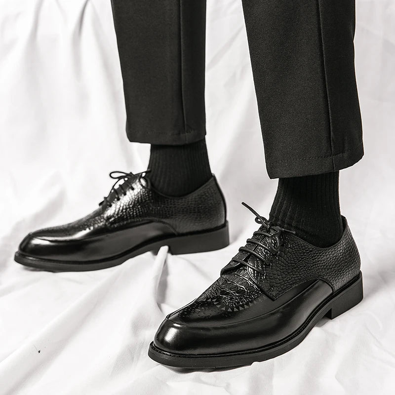 Close-up of brogue perforations on men's genuine leather Oxford shoe, classic & refined look.