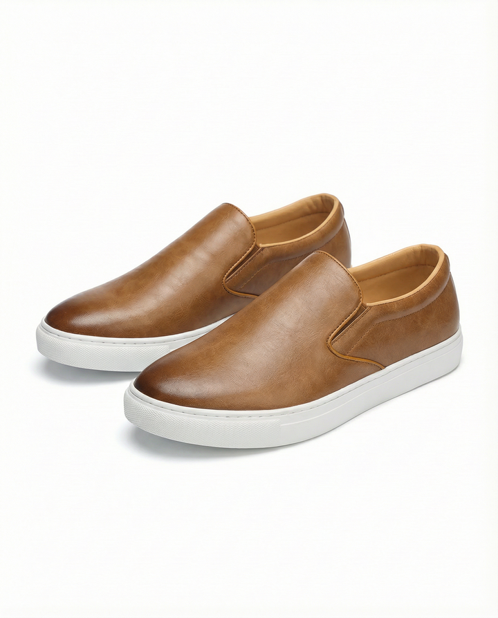Men's genuine leather slip-on shoes in a rich brown color, ideal for casual wear and comfortable walking.