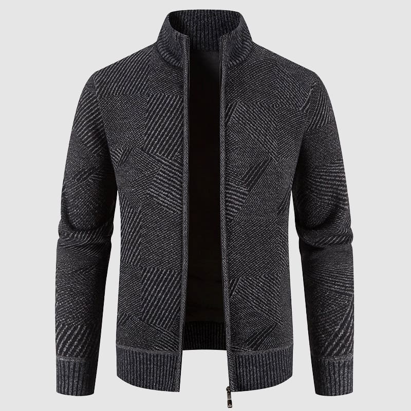Men's geometric knit zip cardigan with mock neck. Perfect for smart casual autumn and winter layered looks.