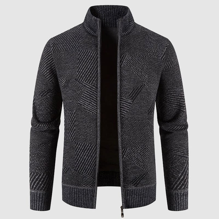 Men's geometric knit zip cardigan with mock neck. Perfect for smart casual autumn and winter layered looks.