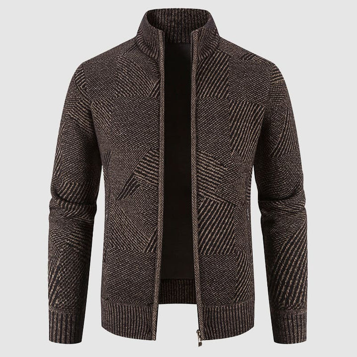 Stylish men's mock neck zip sweater with geometric knit. Versatile for modern comfort and smart casual wear.