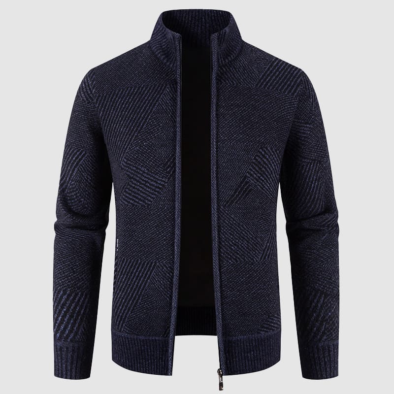Cozy men's geometric knit zip cardigan, featuring a mock neck. Ideal for autumn fashion & winter warmth.