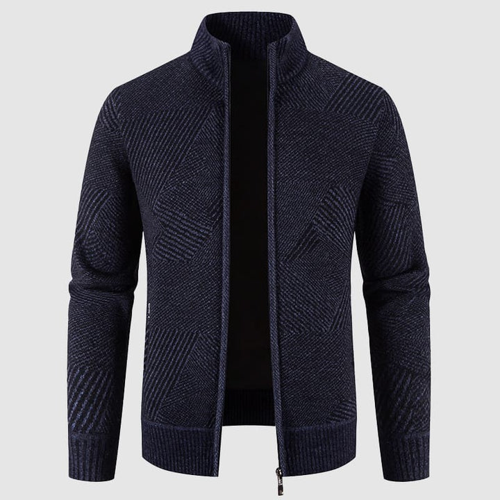 Cozy men's geometric knit zip cardigan, featuring a mock neck. Ideal for autumn fashion & winter warmth.