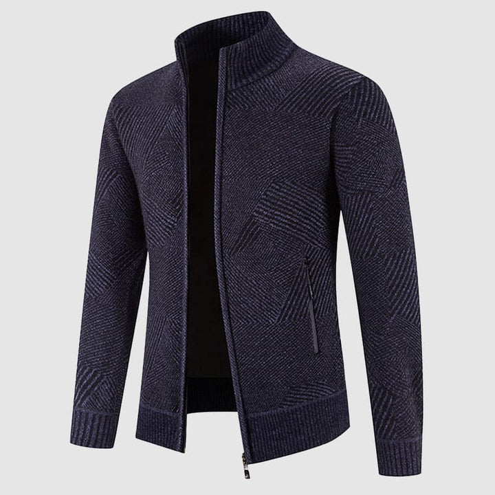 Modern men's zip cardigan with unique geometric knit and mock neck. Excellent for a smart casual layered style.
