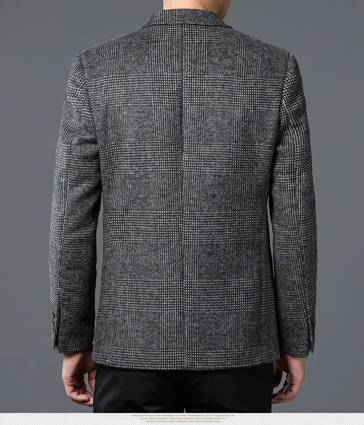 Stylish men's tailored Glen Check blazer, two-button, ideal for versatile formal, business casual & smart-casual outfits.