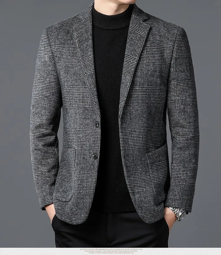Sharp men's Glen Check two-button blazer. Tailored fit for a sophisticated look in formal or smart casual settings.
