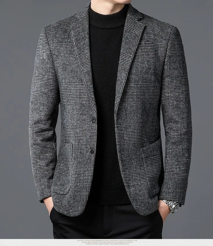 Sharp men's Glen Check two-button blazer. Tailored fit for a sophisticated look in formal or smart casual settings.