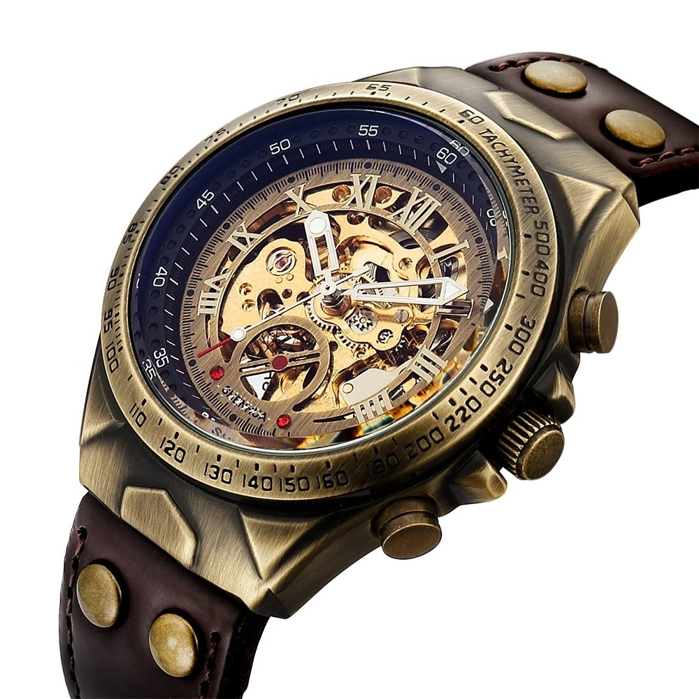 Men's gold automatic skeleton watch with a classic design and durable black leather strap, perfect accessory