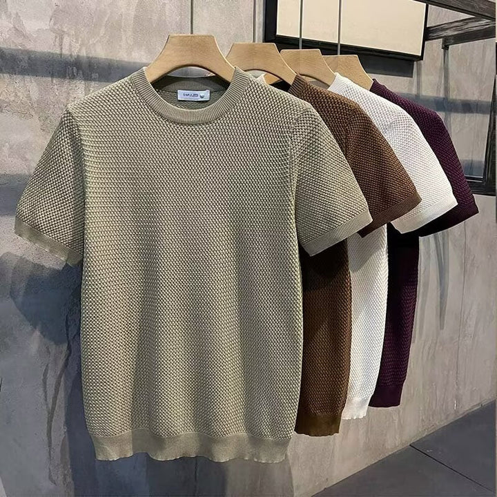Men's green textured knitted crewneck sweater, perfect for casual everyday style & versatile wear. Ribbed knit comfort.