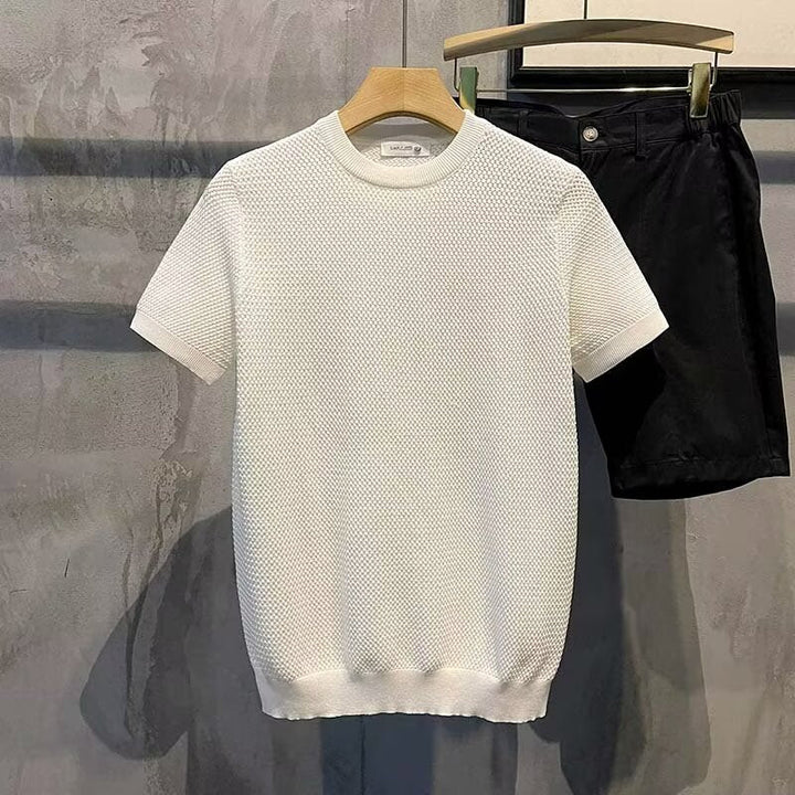 Men's cream textured knitted crewneck sweater with ribbed knit details, a comfortable & stylish men's fashion top.