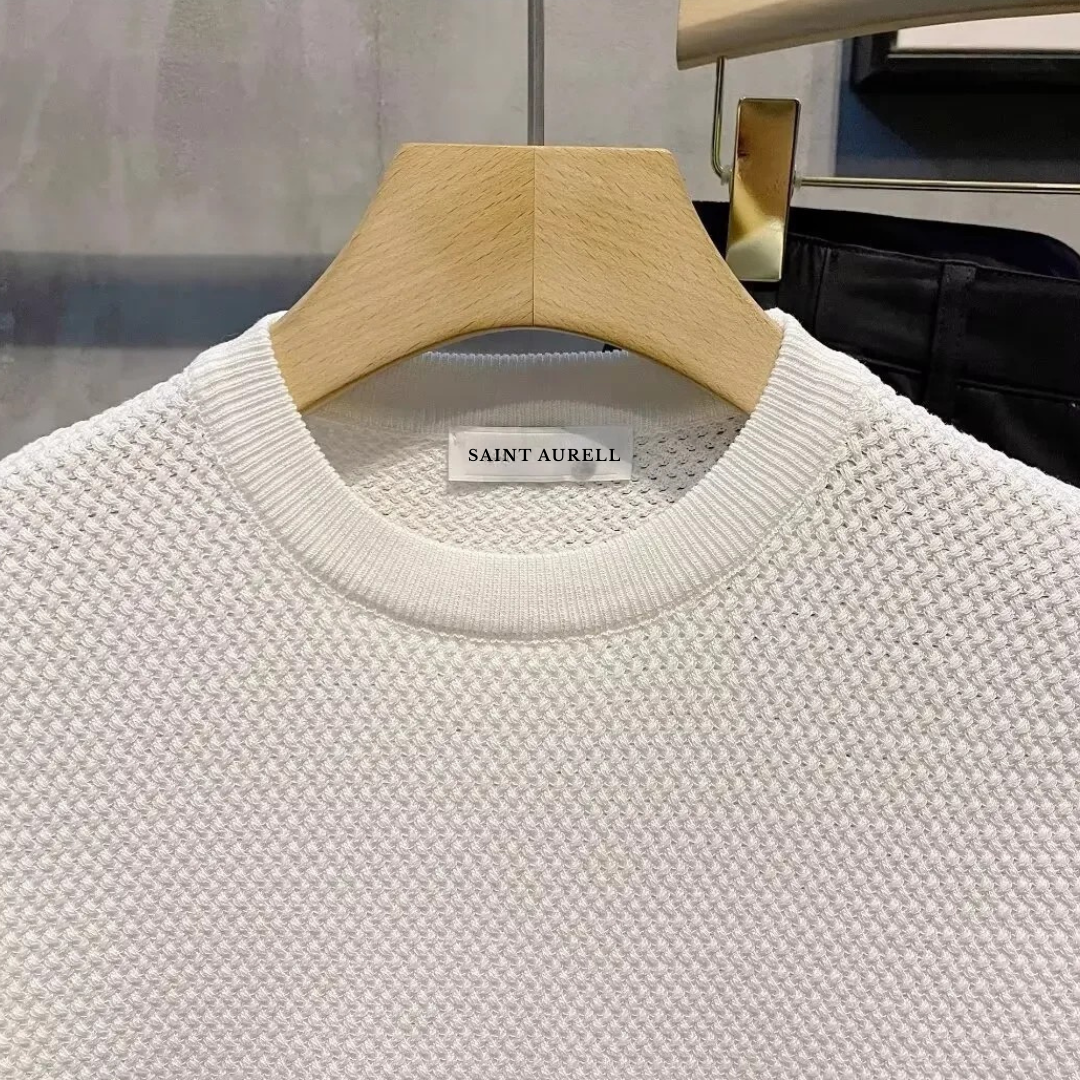 Stylish men's textured knit crewneck sweater for versatile wear. A comfortable casual top in green or cream color.