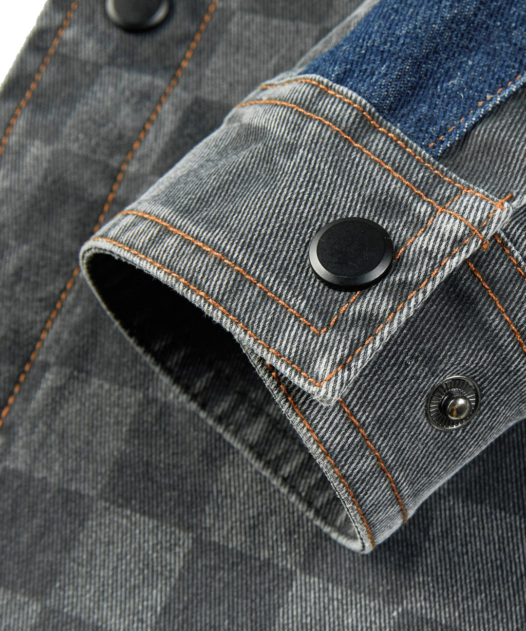 Side profile of a man wearing the Gridway grey checkered denim jacket, outerwear