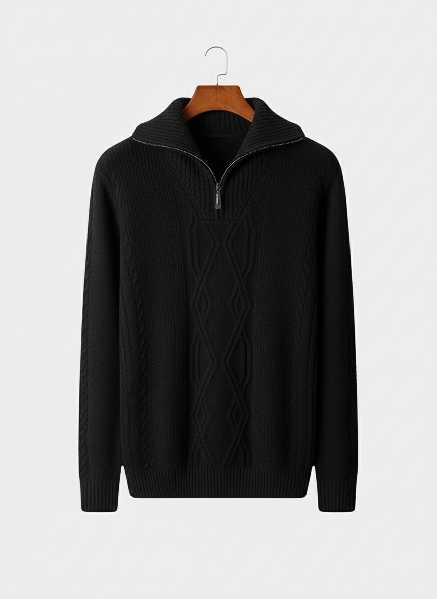 Men's half zip cable knit sweater with fold collar. Versatile all-season smart casual knitwear for effortless style.