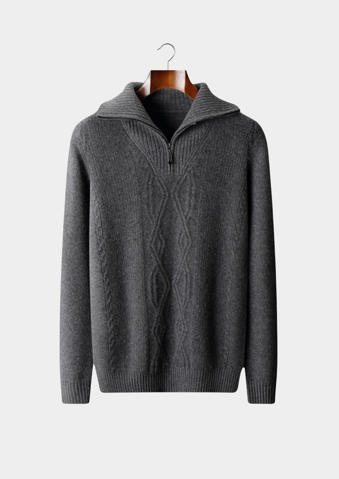 Stylish men's cable knit half zip sweater. Features intricate cable knit texture, fold collar, ideal for versatile styling.