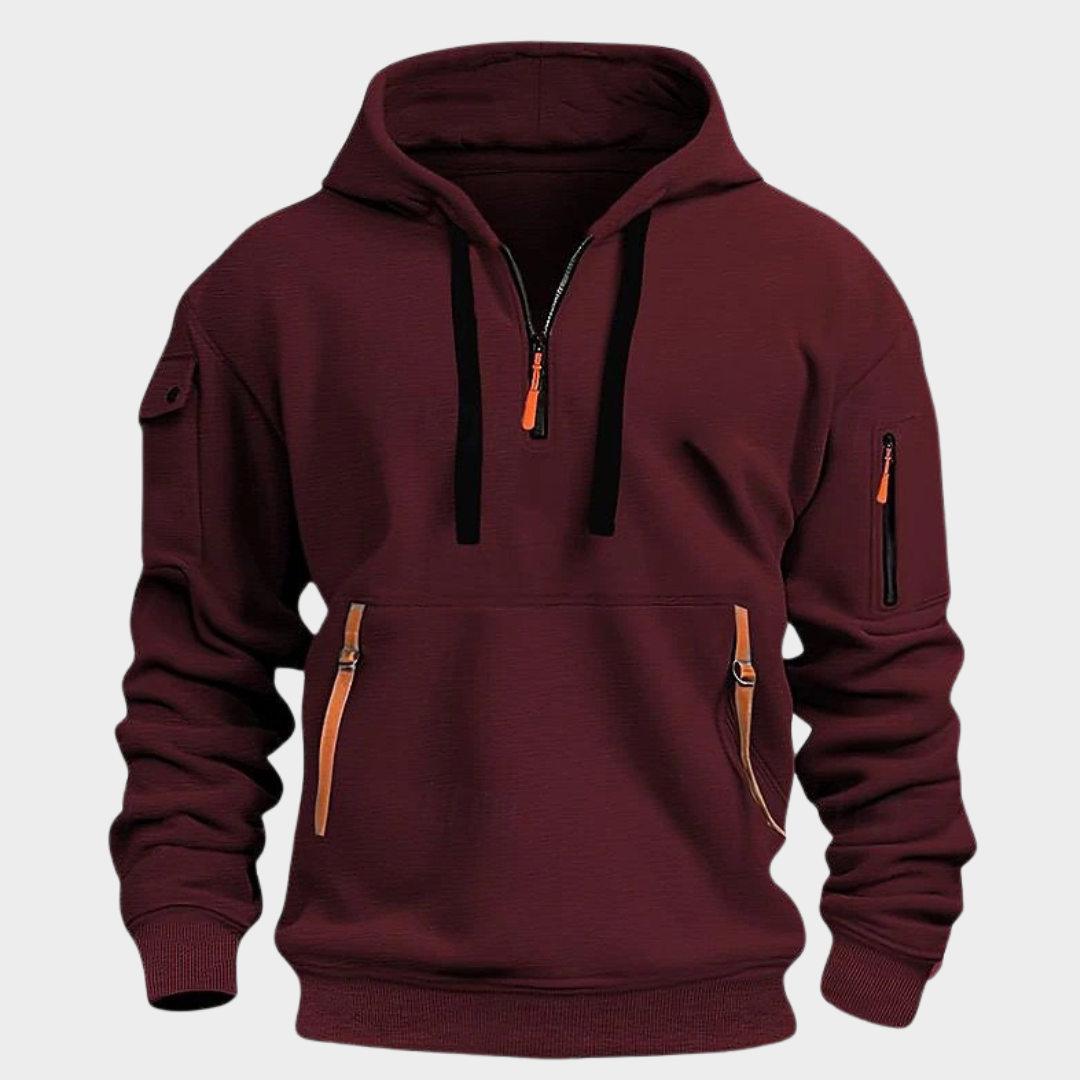 Diego men's half-zip hoodie. Everyday wear pullover with adjustable collar & pockets, offering a versatile modern fit.