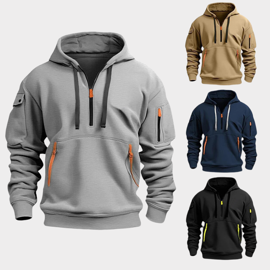 Stylish men's half-zip pullover hoodie. Modern fit, adjustable collar & practical pockets for active casualwear.