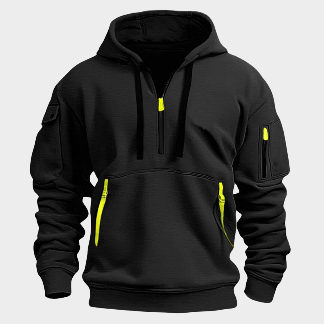 Comfortable men's athletic half-zip hoodie with an adjustable collar and convenient utility pockets.
