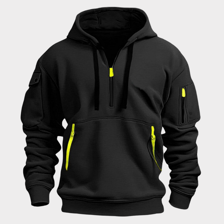 Comfortable men's athletic half-zip hoodie with an adjustable collar and convenient utility pockets.