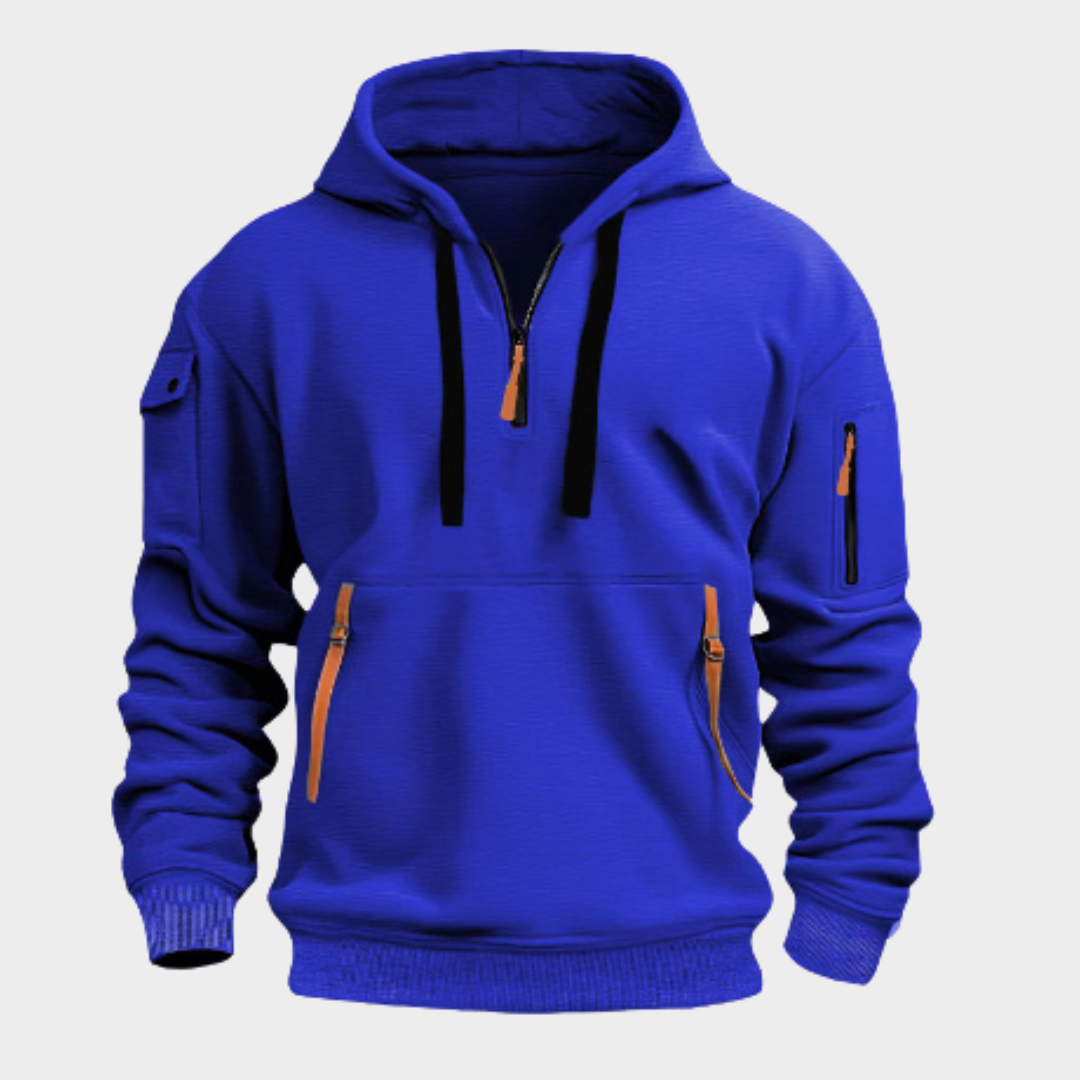 Versatile men's half-zip hooded pullover sweater. Relaxed fit, adjustable collar & handy pockets for daily wear.