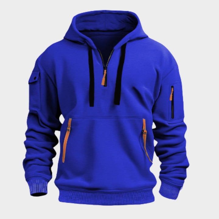 Versatile men's half-zip hooded pullover sweater. Relaxed fit, adjustable collar & handy pockets for daily wear.