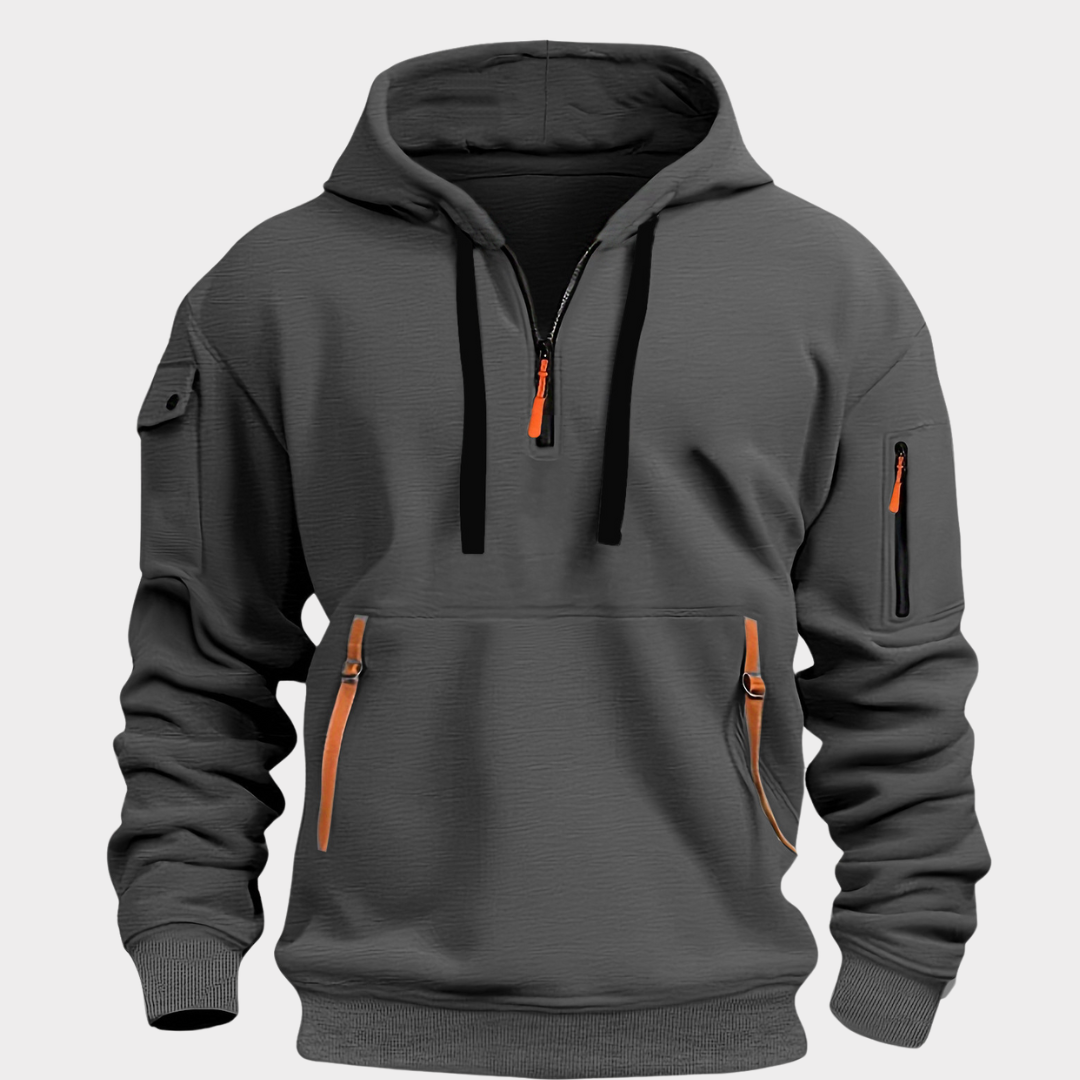Diego men's casual half-zip hoodie. Adjustable collar, modern fit & utility pockets for comfortable streetwear.