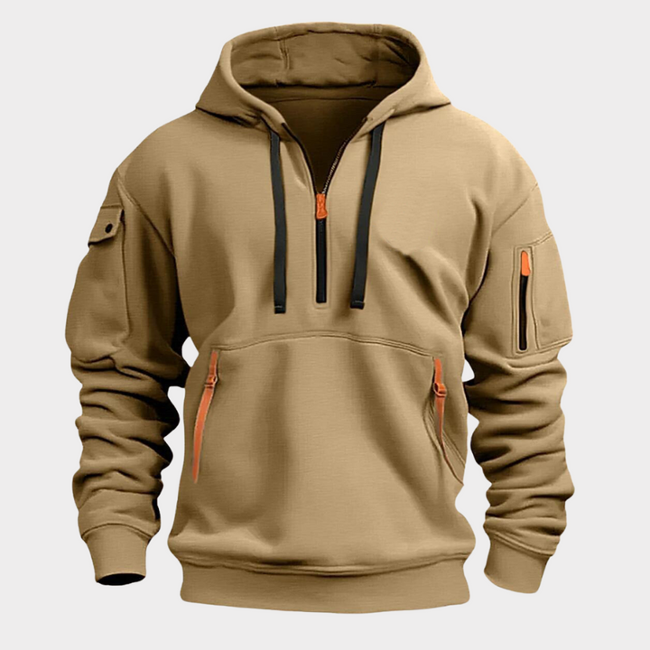 Men's half-zip pullover, athletic style, with an adjustable collar and functional pockets. Great for activewear.