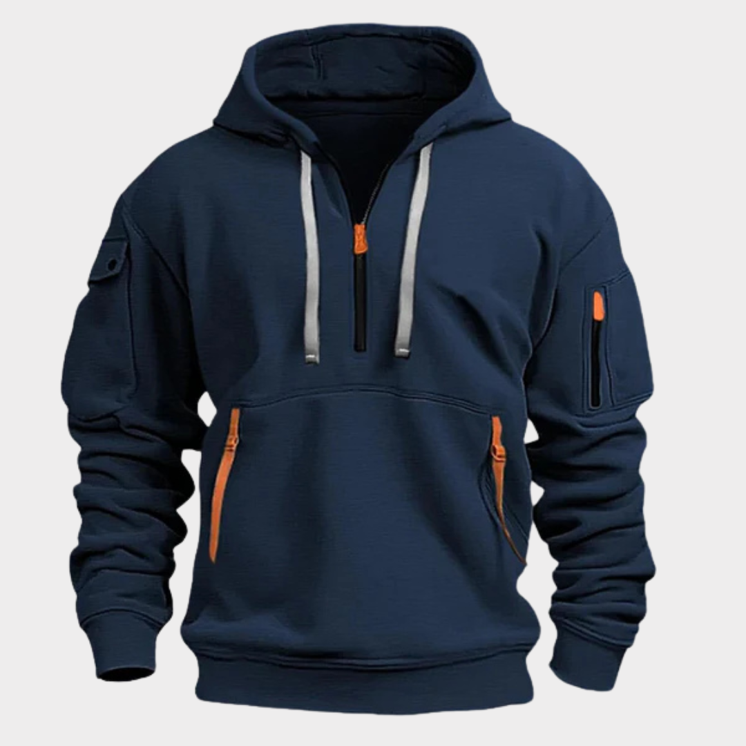 Men's comfortable half-zip hooded top, adjustable collar, and useful pockets. Ideal for relaxed, active style.
